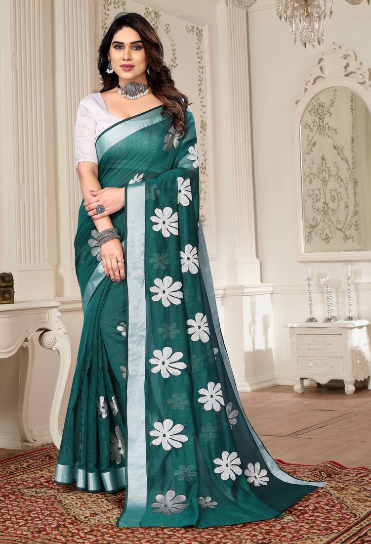Green chanderi printed zari work saree with blouse