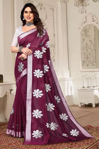 Magenta chanderi printed zari work saree with blouse