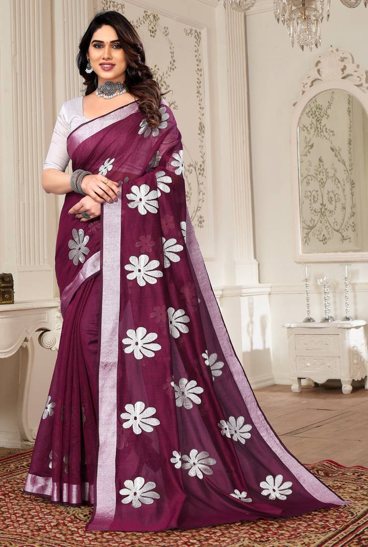 Magenta chanderi printed zari work saree with blouse