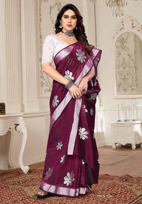 Magenta chanderi printed zari work saree with blouse 2