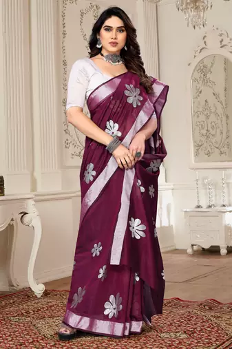 Magenta chanderi printed zari work saree with blouse