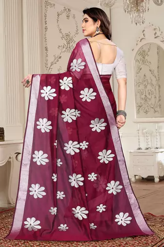 Magenta chanderi printed zari work saree with blouse
