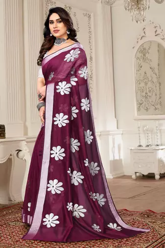 Magenta chanderi printed zari work saree with blouse