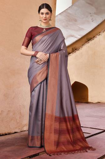Grey blended cotton woven zari work saree with blouse