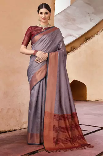 Grey blended cotton woven zari work saree with blouse