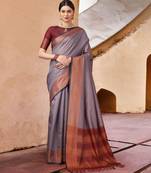 Grey blended cotton woven zari work saree with blouse