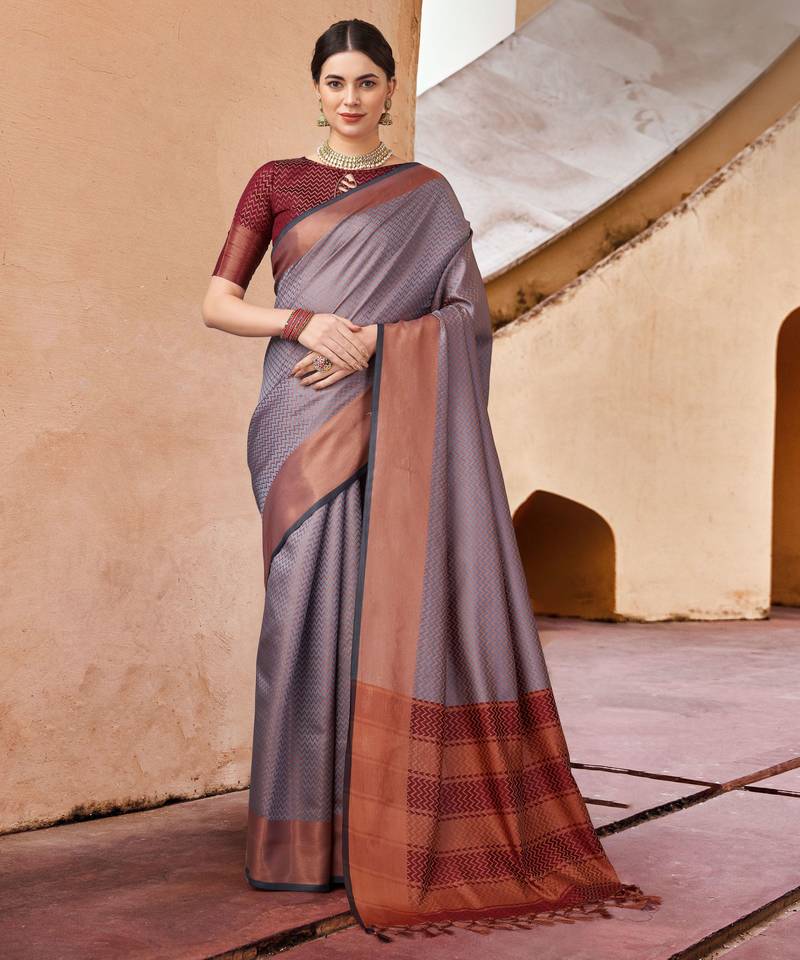 Grey blended cotton woven zari work saree with blouse