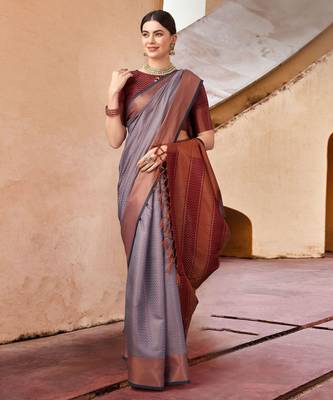 Grey blended cotton woven zari work saree with blouse 2