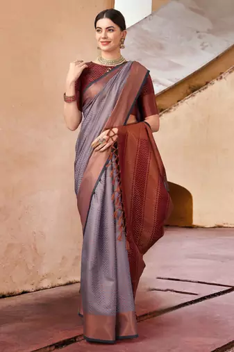 Grey blended cotton woven zari work saree with blouse