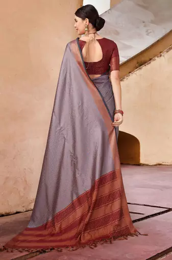 Grey blended cotton woven zari work saree with blouse