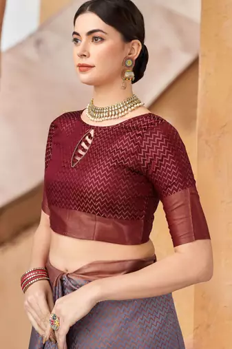 Grey blended cotton woven zari work saree with blouse