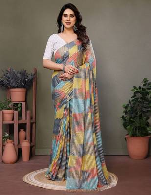 Grey georgette printed zari work saree with blouse 1