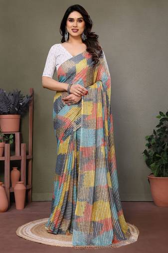 Grey georgette printed zari work saree with blouse