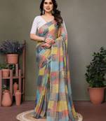 Grey georgette printed zari work saree with blouse