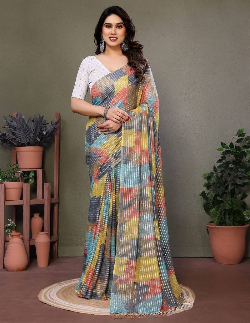 Grey georgette printed zari work saree with blouse