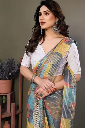 Grey georgette printed zari work saree with blouse