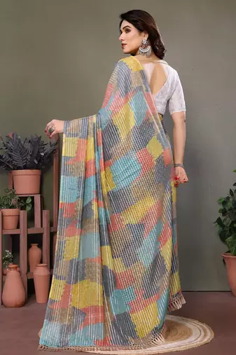Grey georgette printed zari work saree with blouse