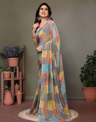 Grey georgette printed zari work saree with blouse 4
