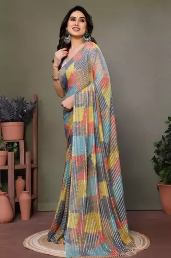 Grey georgette printed zari work saree with blouse