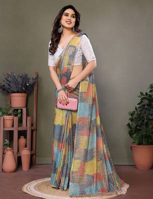 Grey georgette printed zari work saree with blouse 5
