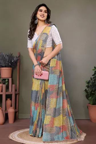 Grey georgette printed zari work saree with blouse