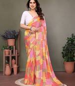 Orange georgette printed zari work saree with blouse