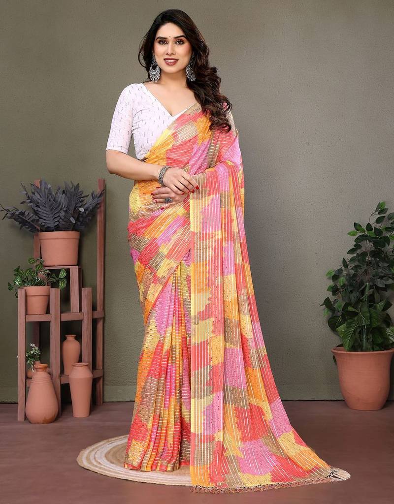Orange georgette printed zari work saree with blouse