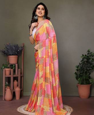 Orange georgette printed zari work saree with blouse 3