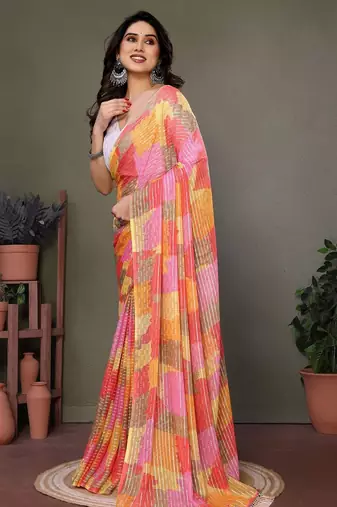 Orange georgette printed zari work saree with blouse