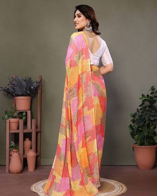 Orange georgette printed zari work saree with blouse 4