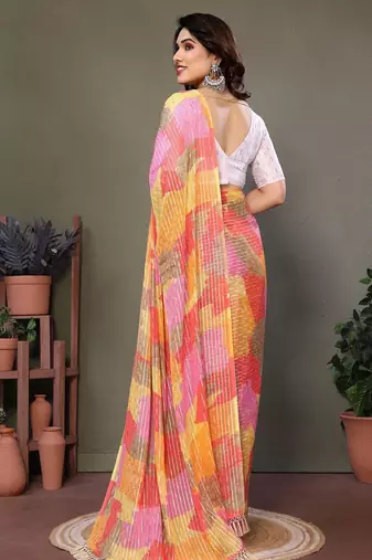 Orange georgette printed zari work saree with blouse