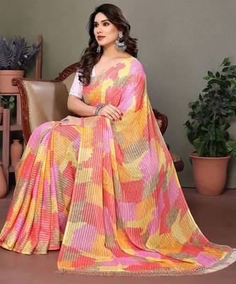 Orange georgette printed zari work saree with blouse 5