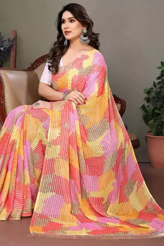 Orange georgette printed zari work saree with blouse