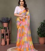 Pink georgette printed zari work saree with blouse