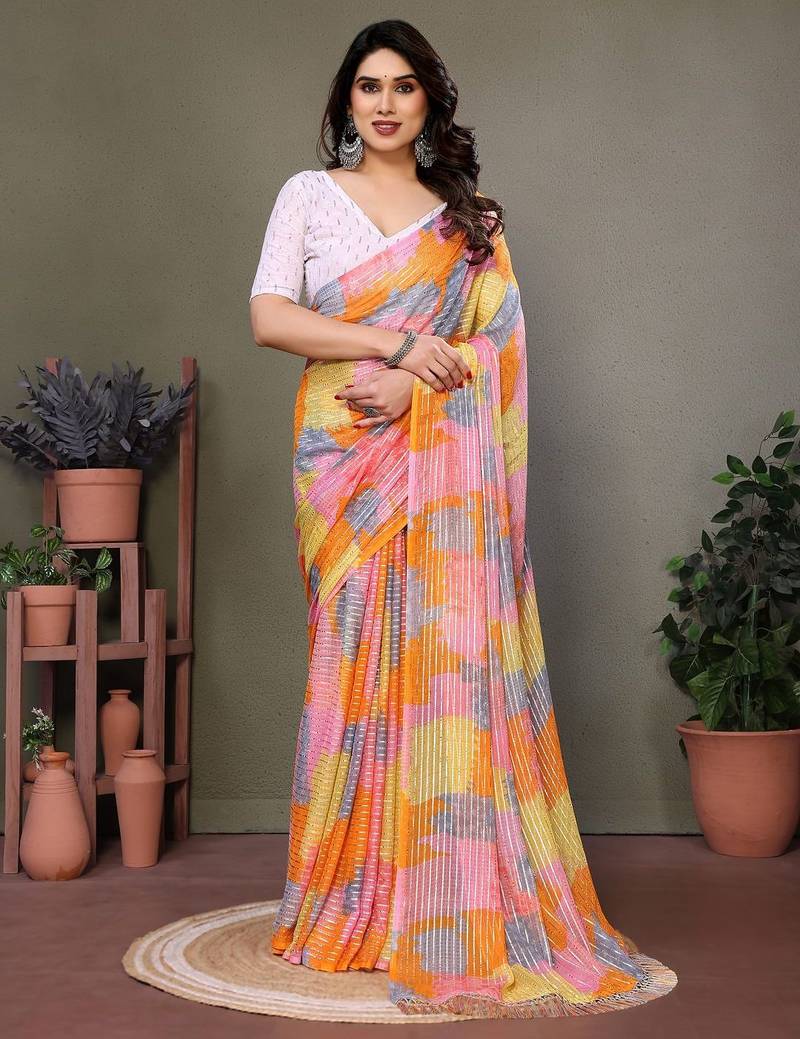 Pink georgette printed zari work saree with blouse