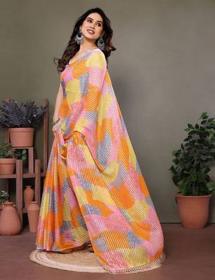 Pink georgette printed zari work saree with blouse 2