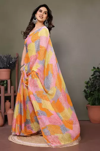 Pink georgette printed zari work saree with blouse