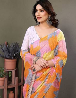 Pink georgette printed zari work saree with blouse 3