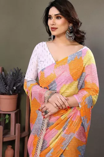 Pink georgette printed zari work saree with blouse