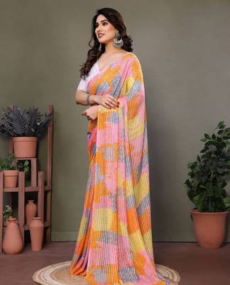 Pink georgette printed zari work saree with blouse 4