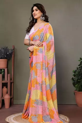 Pink georgette printed zari work saree with blouse