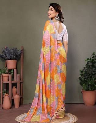 Pink georgette printed zari work saree with blouse 5