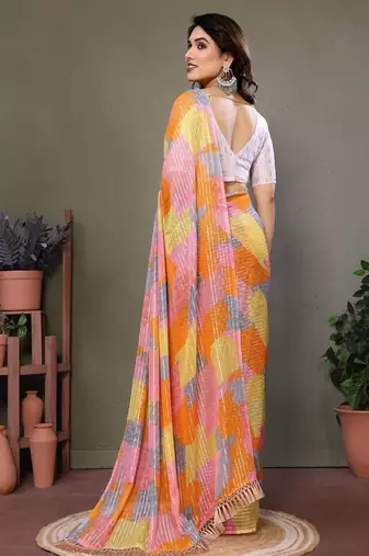 Pink georgette printed zari work saree with blouse