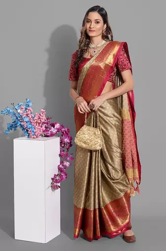 Beige jacquard woven zari work saree with blouse