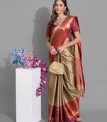 Beige jacquard woven zari work saree with blouse