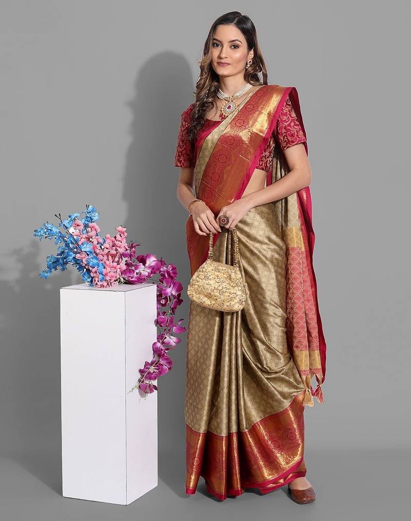 Beige jacquard woven zari work saree with blouse
