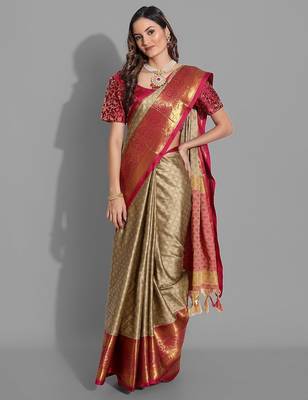 Beige jacquard woven zari work saree with blouse 2