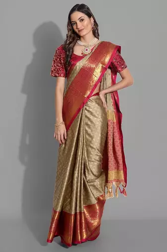 Beige jacquard woven zari work saree with blouse