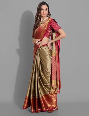 Beige jacquard woven zari work saree with blouse 3