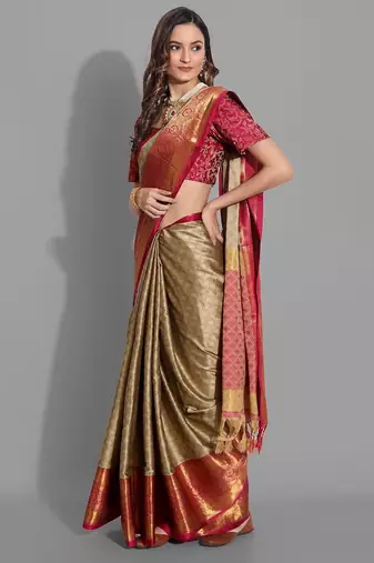 Beige jacquard woven zari work saree with blouse